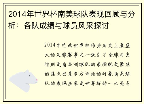 2014年世界杯南美球队表现回顾与分析：各队成绩与球员风采探讨