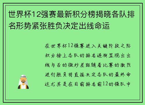 世界杯12强赛最新积分榜揭晓各队排名形势紧张胜负决定出线命运