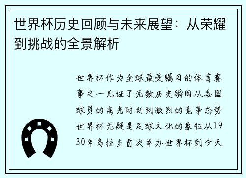 世界杯历史回顾与未来展望：从荣耀到挑战的全景解析
