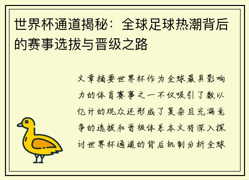 世界杯通道揭秘：全球足球热潮背后的赛事选拔与晋级之路