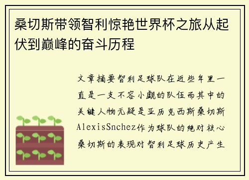 桑切斯带领智利惊艳世界杯之旅从起伏到巅峰的奋斗历程